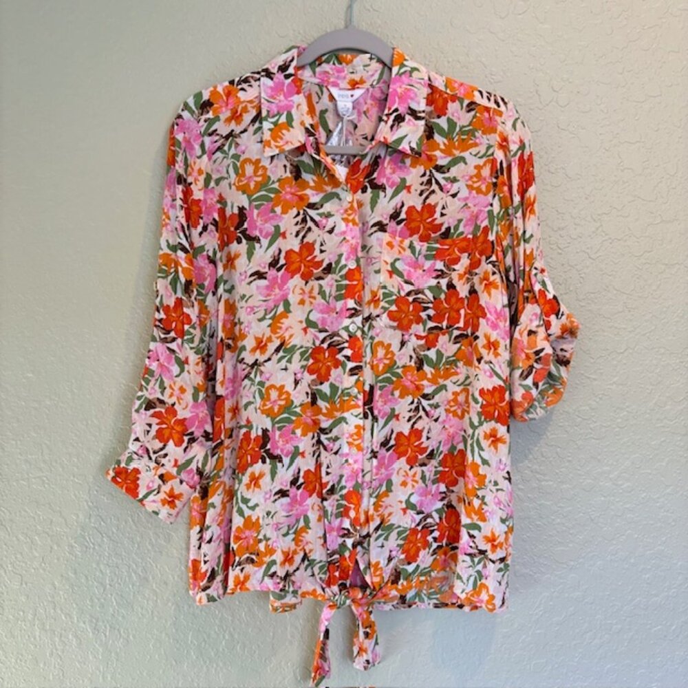 Intro Womens Blouse S Button Up Tie Front Roll Tab Sleeve Floral Lightweight NWT